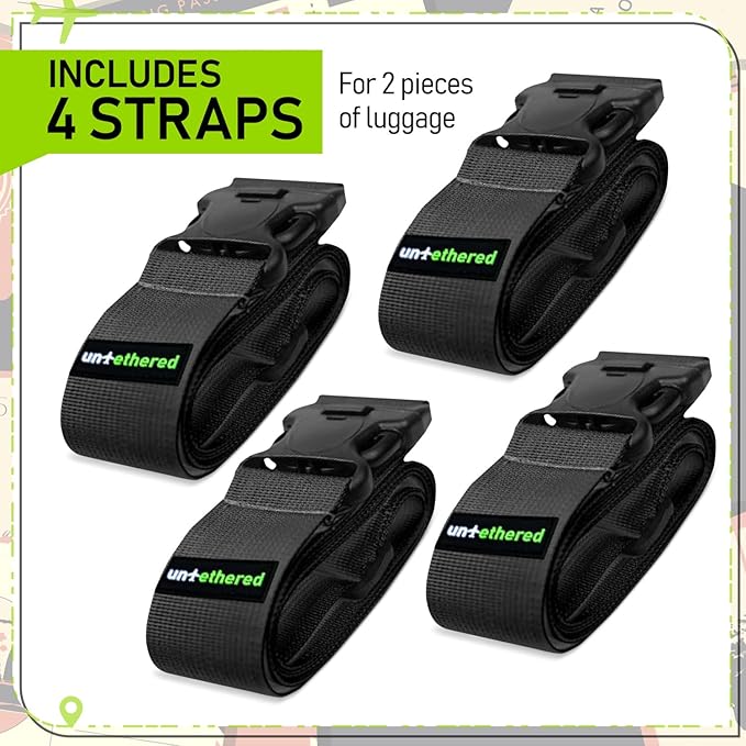 Untethered Luggage Straps | TSA-Approved Suitcase Belts with Heavy-Duty Buckles. Secure Adjustable Travel Accessories for Che