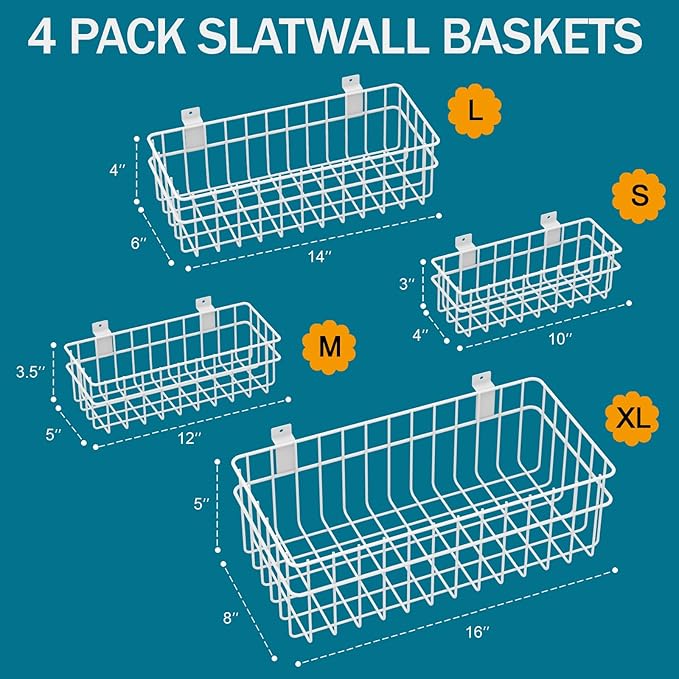 4 Pack Large Slatwall Baskets Set, Ventilated Metal Hanging Storage Slat Wall Basket, Mounted Slatwall Accessories for Garage