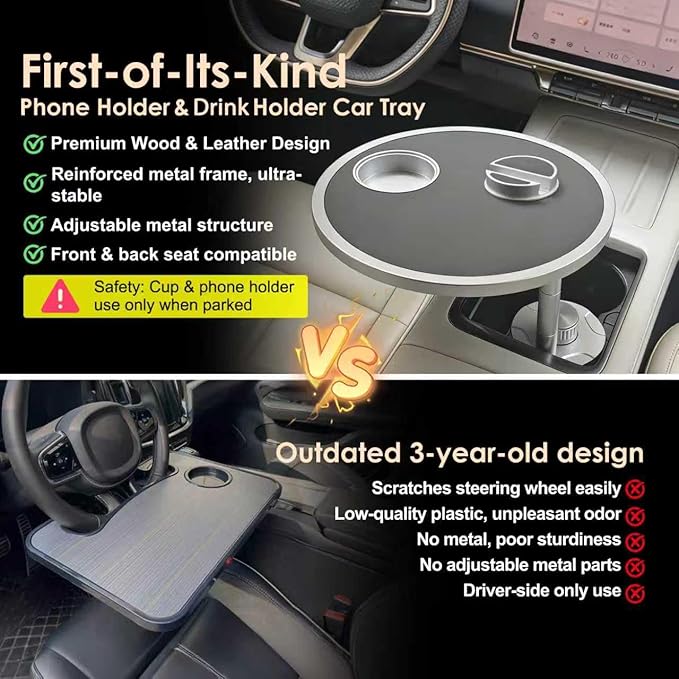 Car Food Tray & Car Table Tray with Car-Grade Aluminum Cup Holder & Phone Stand, Premium Wood with Leather Surface, 360° Rotating Car Desk for Laptop &Eating (Round, Black)