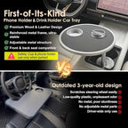 Car Food Tray & Car Table Tray with Car-Grade Aluminum Cup Holder & Phone Stand, Premium Wood with Leather Surface, 360° Rotating Car Desk for Laptop &Eating (Round, Black)