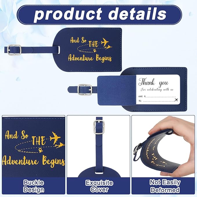 Sweetude 48 Sets Leather Luggage Tag Bulk and So The Adventure Begins Luggage Tags with Name Card for Wedding Bridal Shower B