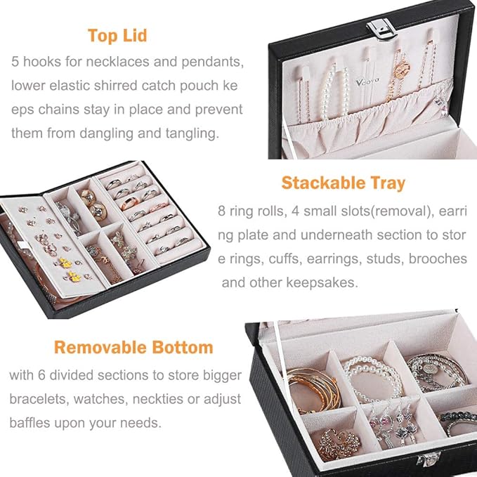 Voova Jewelry Box Organizer for Women Girls, 2 Layer Large Men Jewelry Storage Case, PU Leather Display Jewellery Holder with