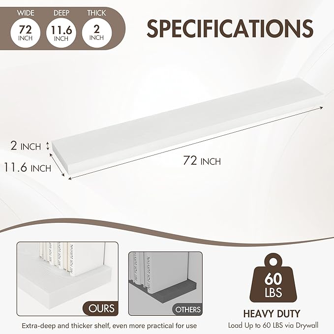 72 Inch Floating Shelves, 12" Deep Floating Shelf Wall Mounted, 72" Wall Shelves, Rustic Deep Bookshelf, Extra Deeper & Thick