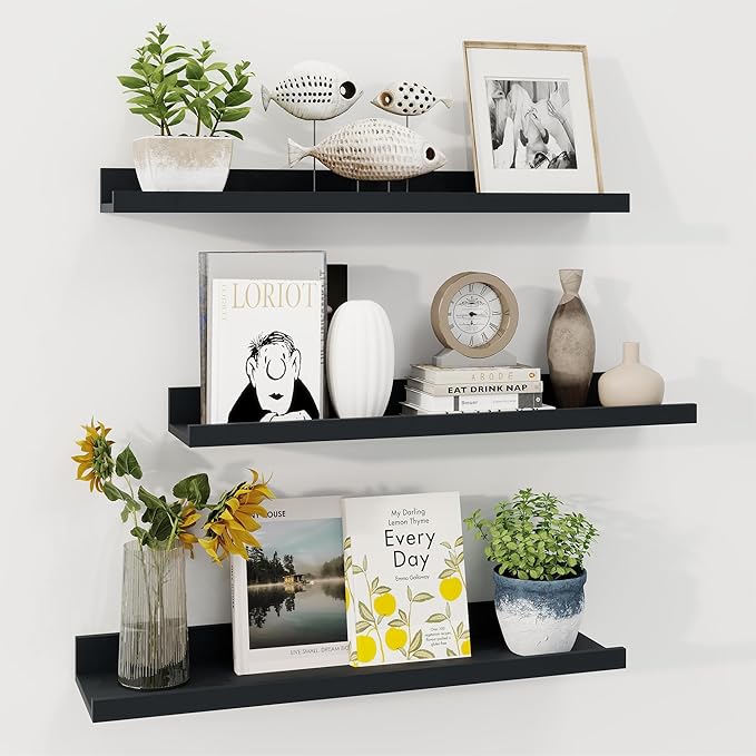 Axeman Picture Ledge Shelf | 24 Inch Black Floating Shelves Set of 3 | Rustic Wood Wall Shelves with Lip | 24" Black Picture 