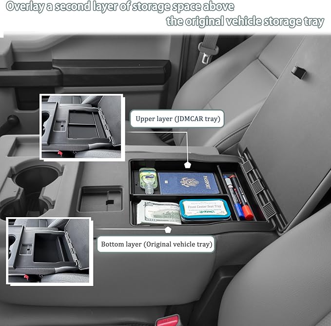 JDMCAR Front Center Seat Organizer Compatible with 2015-2024 2025 Ford F150 Accessories, 2017-2025 F250 F350 F450 with 40/20/40 Jump Seat,Storage Box with Non-Slip Silicone Mat(Jump Seat Only)