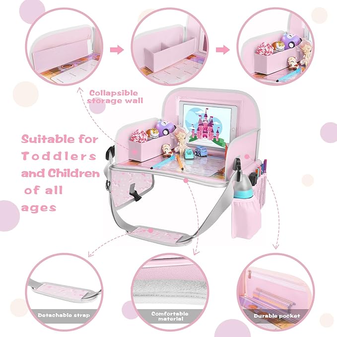 MENZOKE Kids Travel Tray for Toddler Car Seat, Toddler Gift for Girl Activities with Dry Erase Board & iPad Holder Stand,Road