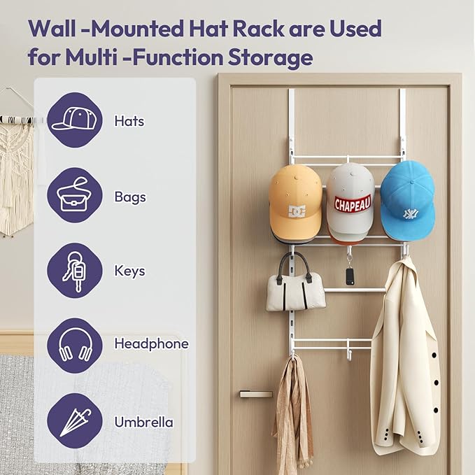 SWTYMIKI Over Door Hat Organizer - 3 Tier Metal Adjustable Wall Mounted Hat Rack with 9 Hooks Design, Hanging Baseball Cap Or