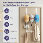 SWTYMIKI Over Door Hat Organizer - 3 Tier Metal Adjustable Wall Mounted Hat Rack with 9 Hooks Design, Hanging Baseball Cap Or