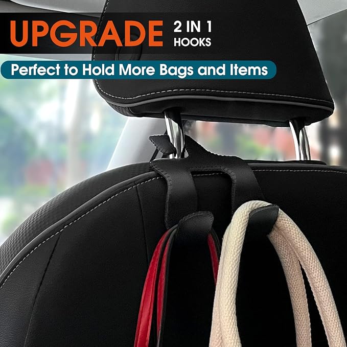 Car Headrest Hooks for Purses and Bags, Upgraded 2 in 1 Cars Back Seat Head Rest Hanger Vehicle Leather Organizer Storage Holder Hook Matching Cars Interior, 1-Pack, Brown