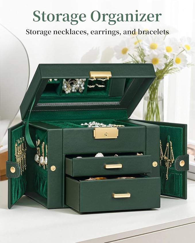 TORIBIO Jewelry Box for Women, Leather Jewelry Organizer with Mirror & Lock, 3-Tier Jewelry Storage Organizer with 2 Drawers 