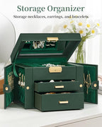 TORIBIO Jewelry Box for Women, Leather Jewelry Organizer with Mirror & Lock, 3-Tier Jewelry Storage Organizer with 2 Drawers 