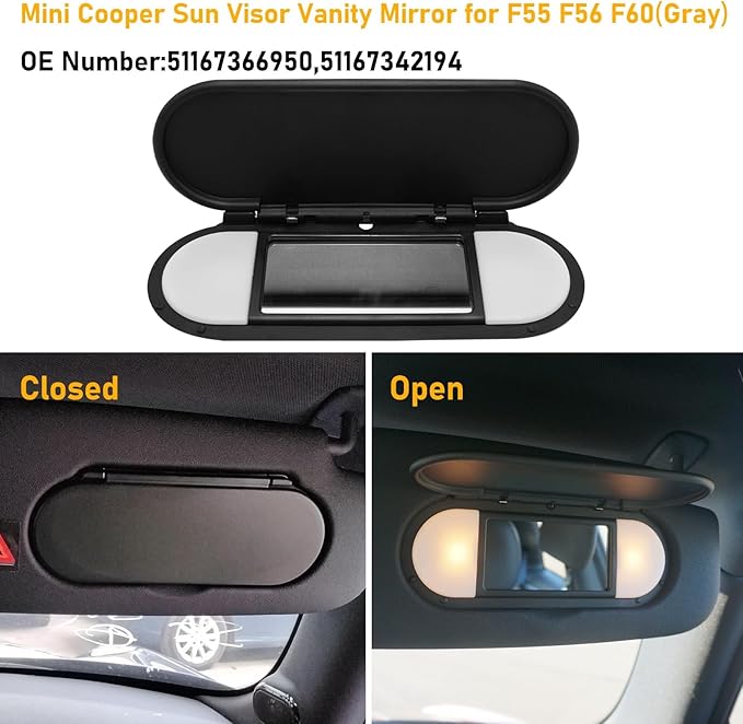 Sun Visor Vanity Mirror Cover Compatible with Mini Cooper & Cooper S Clubman Hatchback Countryman F55 F56 F60 2015-2022,1PC Sun Visor Vanity Mirror Replacement for Left/Right Side,Black