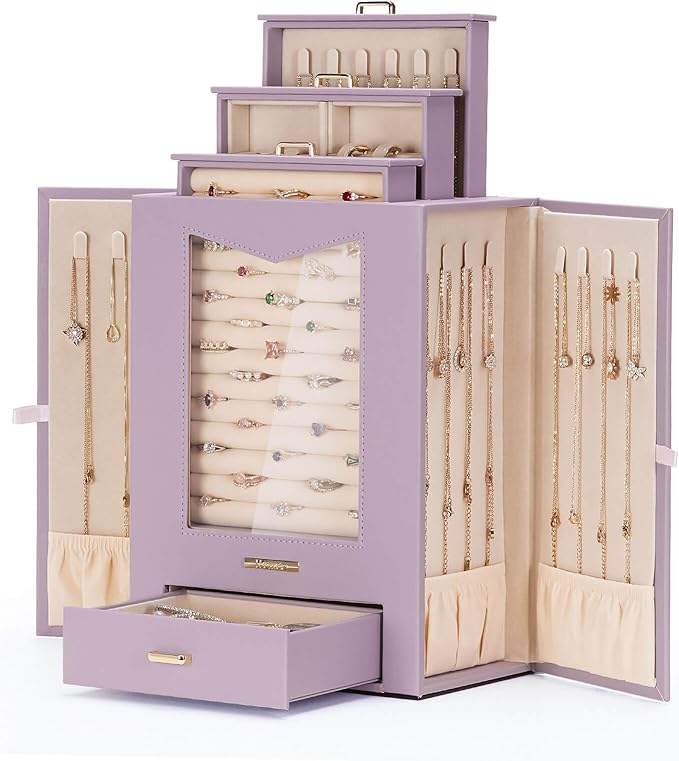 Homde Jewelry Organizer with Transparent Window Necklace Hooks Gift for Women Jewelry Box Display Case for Necklaces Rings Ea