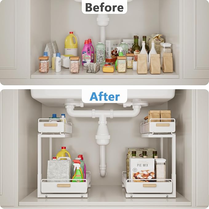 Under Sink Organizer Kitchen - Upgraded Professional Rails, 2 Tier Dual Pull Out Cabinet Storage, Height Adjustable Under Sin