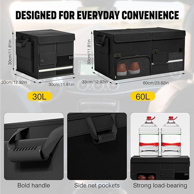 Foldable Car Trunk Organizer with Multi-Compartment - Expandable 30-60L Storage Bin, Side Mesh Pockets, Waterproof 600D Oxford