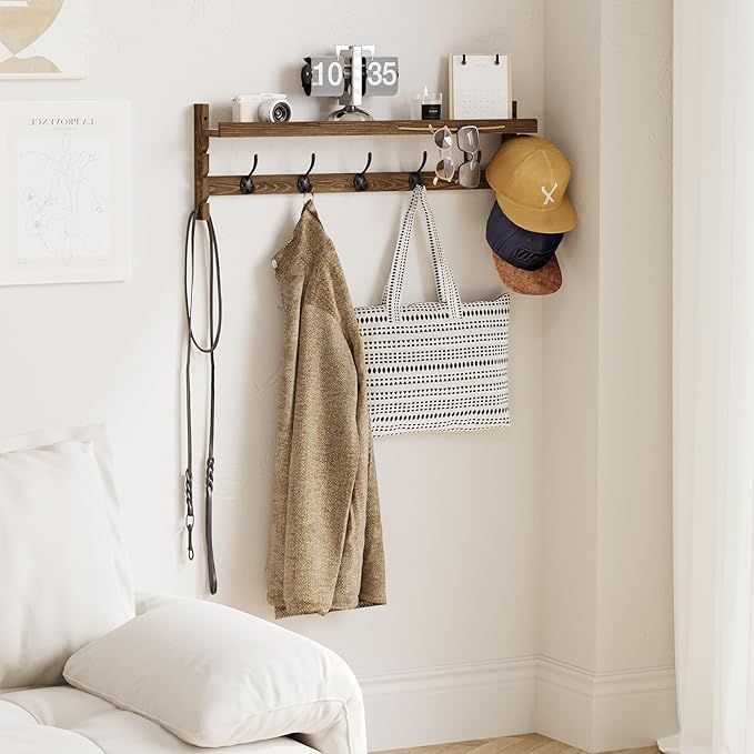 AMBIRD Wall Hooks with Shelf 28.9inch Entryway Wall Hanging Shelf, Wood Coat Hooks, Coat Rack Wall Mount Rack with 5 Dual Hoo