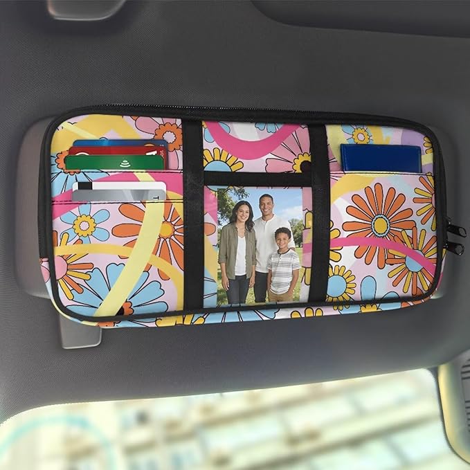 Tactical Sun Visor Organizer,Hippie Flower Style Scratch-Resistant Auto Interior Accessories Car Essentials Tool Pack Multi-Pocket for Universal Most Vehicles
