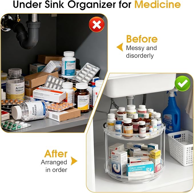 2 Pack Medicine Cabinet Organizer, Rotary Turntable Organizer for Medicine and Vitamin Bottles, Under Sink Organizer for Medi
