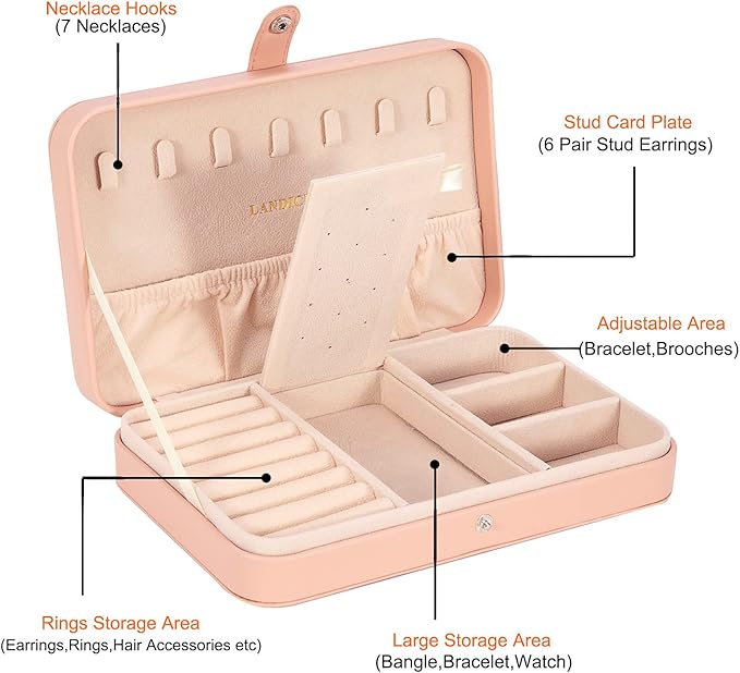 LANDICI Small Jewelry Box for Women Girls, PU Leather Travel Jewelry Case, Portable Jewelry Organizer Storage Holder Display 