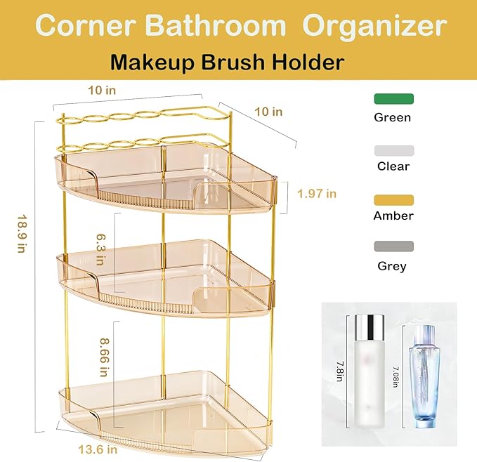 FELIZHOUSE 3-Tier Corner Bathroom Counter Organizer, Bathroom Countertop Shelf Makeup & Skincare Storage with Brush Holder fo