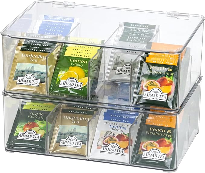 ZEXALOR Plastic Clear Storage Containers, Set of 2 Tea Bag Organizer Boxes 8 Compartments with Lids, Underwear Tie Drawer Org