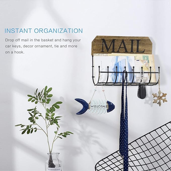 SRIWATANA Rustic Mail Holder Organizer, Key Holder Wall Mount Mail Sorter for Hallway Foyer and Home Decoration - Carbonized 