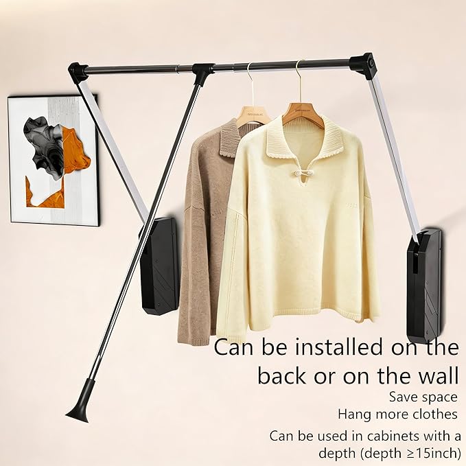 Pull Down Closet Rod, Adjustable 33-45 Inches Soft-Close Wardrobe Rail, Two-way Buffering Stainless Steel Back Mounted Organi