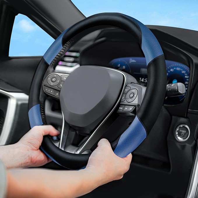 Soft Leather Steering Wheel Cover with Breathable Design and Anti-Slip Grip, Fully Compatible with Tesla, Toyota, Honda, Niss