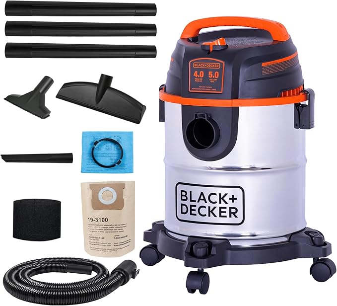 BLACK+DECKER Shop Vacuum Wet and Dry, 5 Gallon 3-in-1 Stainless Steel Shop Vac with Accessories, 4 HP Vacuum Cleaner, for Wor