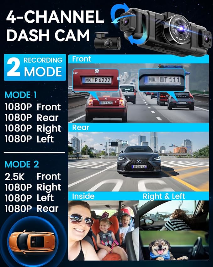 IIWEY N5 4 Channel Dash Cam 360° View, 1080P Front and Rear Inside, Left Right Dash Camera for Cars, 8 IR Lamps Night Vision,