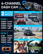 IIWEY N5 4 Channel Dash Cam 360° View, 1080P Front and Rear Inside, Left Right Dash Camera for Cars, 8 IR Lamps Night Vision,