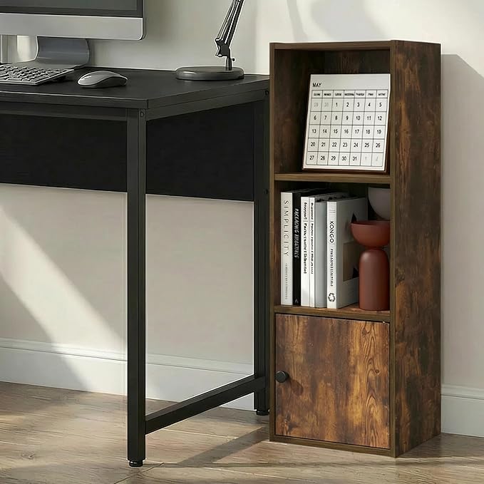 Furinno LUDER Book Shelf, 3-Tier Bookshelf with Open Shelf, Standing Bookcase with 1 Door Cabinet, 9.3 x 12 x 31.5, for Organ