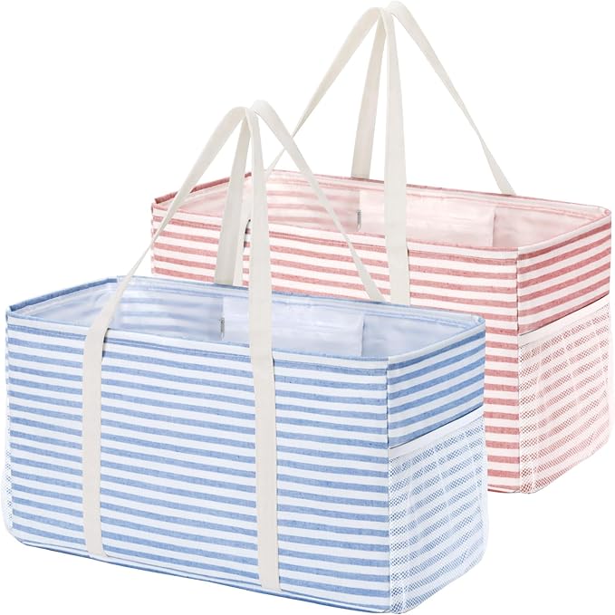 Lifewit Extra Large Tote Bag, Reusable Grocery Bags with Metal Wire Frame and Handles, Standing Utility Foldable Shopping Bags for Storage, Picnics, Beach, Laundry, Car, 46L, 2 Pack, Pink and Blue
