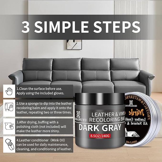 8.5oz Leather Recoloring Balm with 100ml Mink Oil,Dark Gray Leather Repair kit for Furniture and Car Interior,Leather Couch S