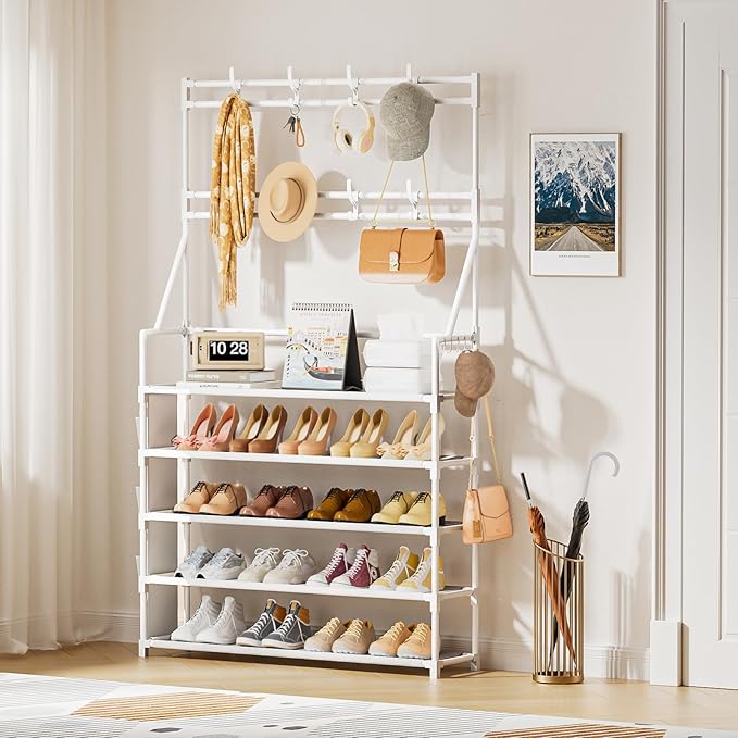 OYREL Shoe Rack 5 Tier Shoe Racks Organizer 20-25 Pairs Shoes Rack for Closet Entrance Shoe Storage Shelf with Hooks and Side
