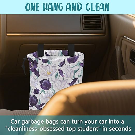 Car Trash Bag Purple Tulips and Leaves Hanging Drawstring Car Organizer and Storage Bag with Adjustable Buckle Canvas Garbage Bin for Back Seat or Hanging Headrest Car Decor Road Trip Essentials