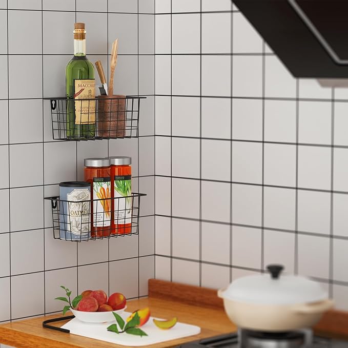 MaraFansie Hanging Kitchen Baskets Wire Storage Basket Adhesive and Screws Basket Over the Cabinet Door Organizer with Adhesi