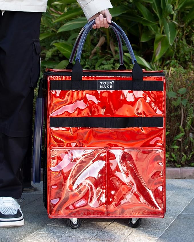 Reusable Grocery Bag On Wheels (Medium, Glitter Red), Shopping Trolley, Rolling Tote with 8 Pockets and Zipper Cover, Foldable, Heavy Duty Handles, Carries Up to 66 LBS