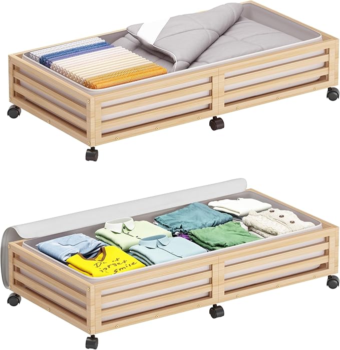 Bamboo Under Bed Storage Containers- Underbed Organizer with Wheels with Large Capacity Dust Bag,Sturdy Wood Rolling Under Be