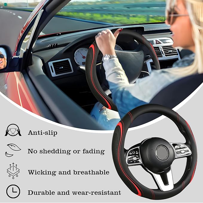 Leather Splicing Black Red Car Steering Wheel Cover,14.5-15 Inch Universal Microfiber Leather Covers Breathable Anti-Slip Odo