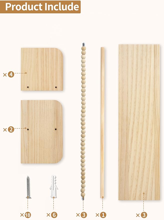 Maxpeuvon Nursery Floating Shelves for Wall, Set of 3 Book Shelves Natural Wood Wall Mounted Organizer with Towel Bar Hanging