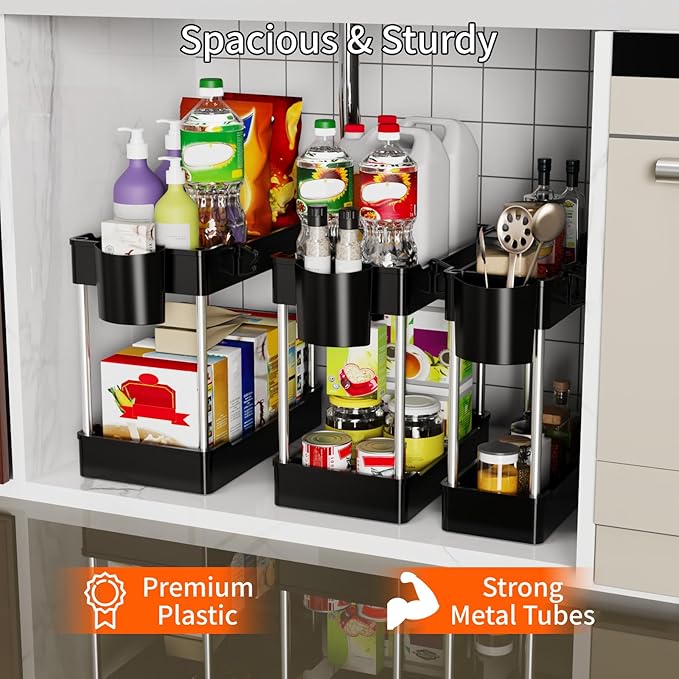 3 Pack Under Sink Organizers and Storage, 2 Tier Bathroom Cabinet Organizer Shelf with Hanging Cups for Kitchen & Bathroom (B