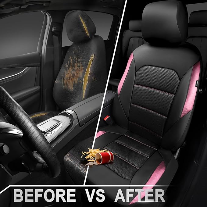 CAR PASS Memory Foam Car Seat Covers,Air Cool Mesh Thick Seat Covers Front Seats,Pink Metal Film Leather Seat Cover for Car,U