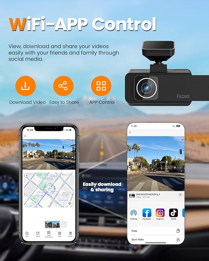 4K 3 Channel Dash Cam, 2160P+1080P+1080P Front and Rear Inside Car Camera with 64GB Card, WiFi Built-in GPS, 3“ IPS Screen, I