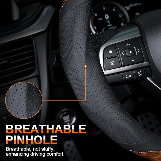 Wood Grain Steering Wheel Cover Microfiber Leather Breathable Anti Slip Universal Protector 14.5-15 inch Car Interior Accesso
