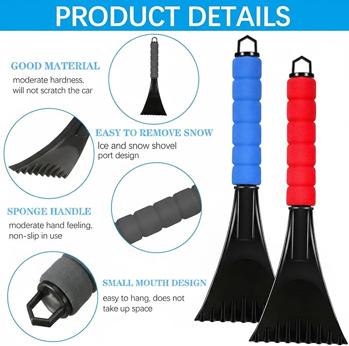 Frienda 4 Pieces Ice Scraper for Car Windshield Plastic Snow Frost Ice Removal Tool with Foam Handle for Cars Trucks Window (Black, Red, Blue, Gray)