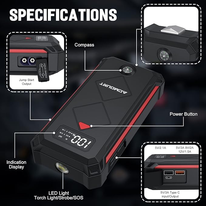 Acmount P100 Car Jump Starter, 5000A Peak Lithium Jump Starter Battery Pack for Up to 10.0L Gas or 8.0L Diesel Engine, Safe