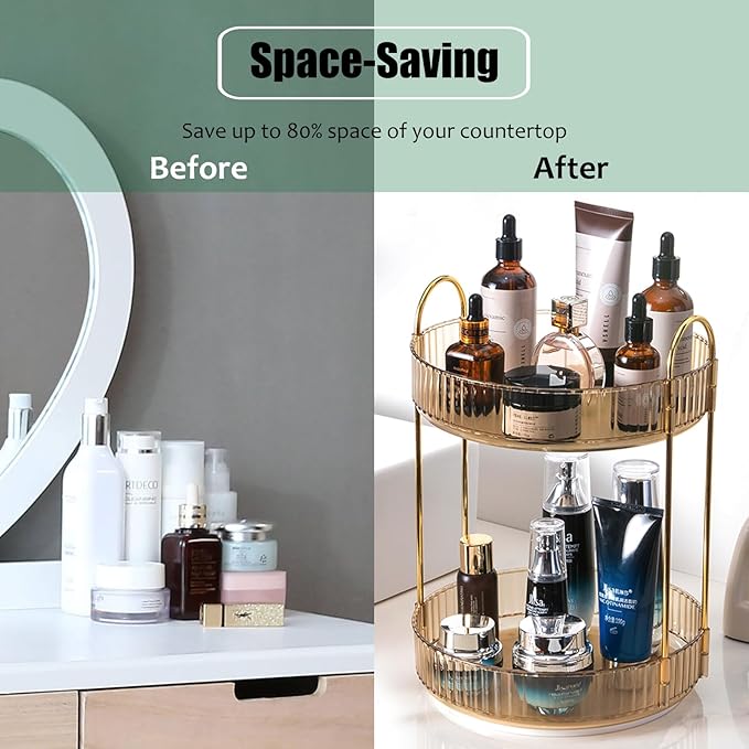 Rotating Makeup Organizer Countertop 2 Tier Lazy Susan Trays Clear Skincare Perfume Storage for Bathroom Counter Vanity, Ambe