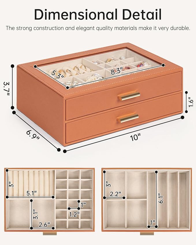 AKOZLIN Jewelry Box with Clear Lid Functional Leather Jewelry Storage Organizer Case 2 Drawers for Women Girls Necklace Ring 