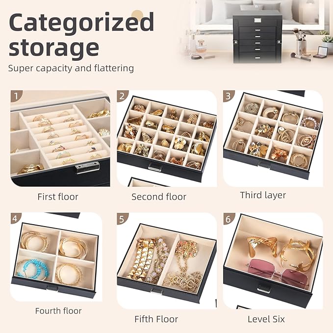 BOOVO Jewelry Box For women, 6 Layer Large Jewelry Organizer With Mirror, Multi-Function Storage Box With Lock, Necklace Hold